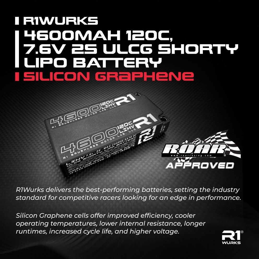 R1W030040 30040 Silicon Graphene 2S ULCG Shorty LiPo Battery w/ 5mm Bullets, ROAR, 7.6V 4600mAh 120C