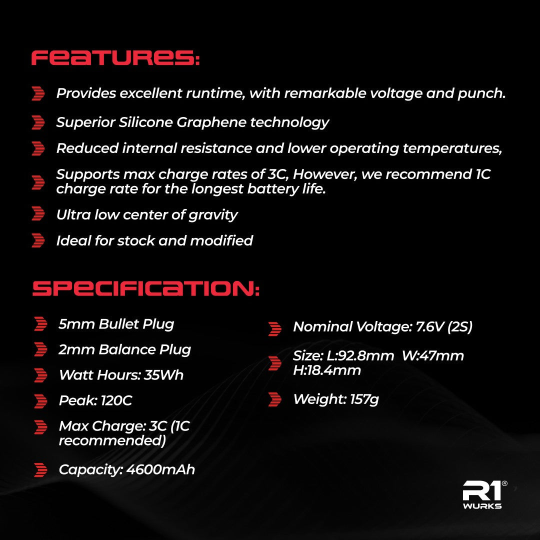 Silicon Graphene 2S ULCG Shorty LiPo Battery w/ 5mm Bullets, ROAR, 7.6V 4600mAh 120C