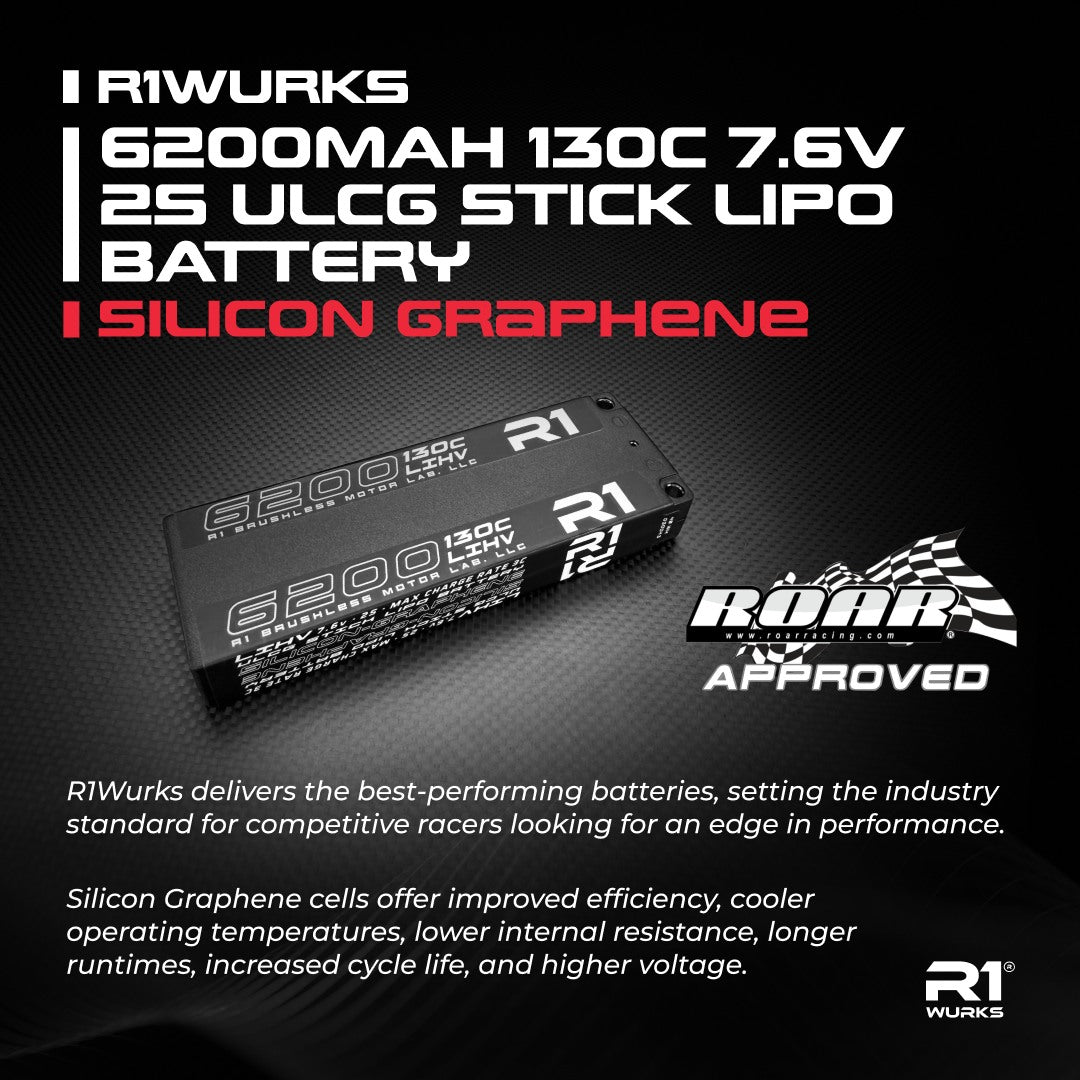 R1W030043 30043 Silicon Graphene 2S ULCG Stick LiPo Battery w/ 5mm Bullets, ROAR, 7.6V 6200mAh 130C