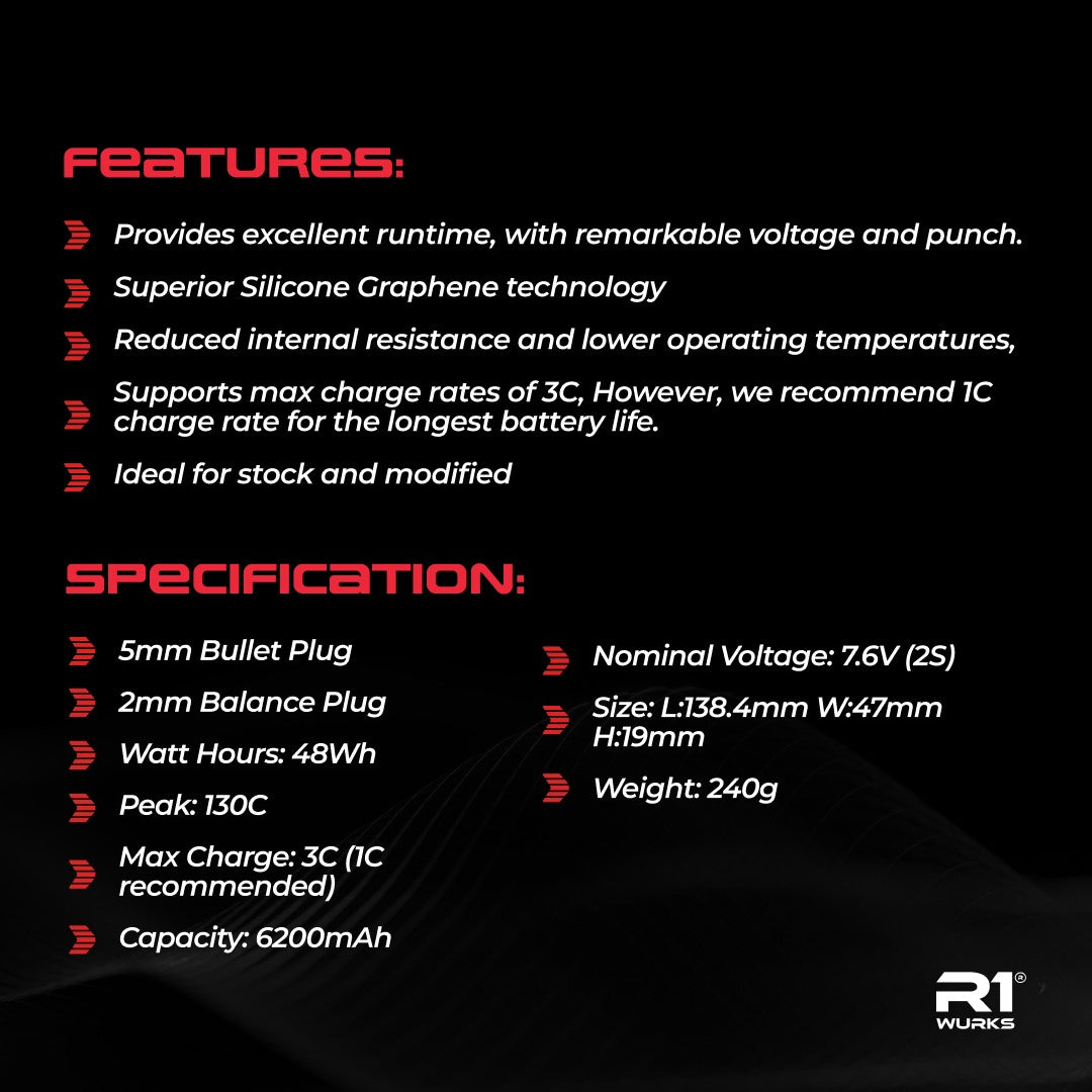 Silicon Graphene 2S ULCG Stick LiPo Battery w/ 5mm Bullets, ROAR, 7.6V 6200mAh 130C