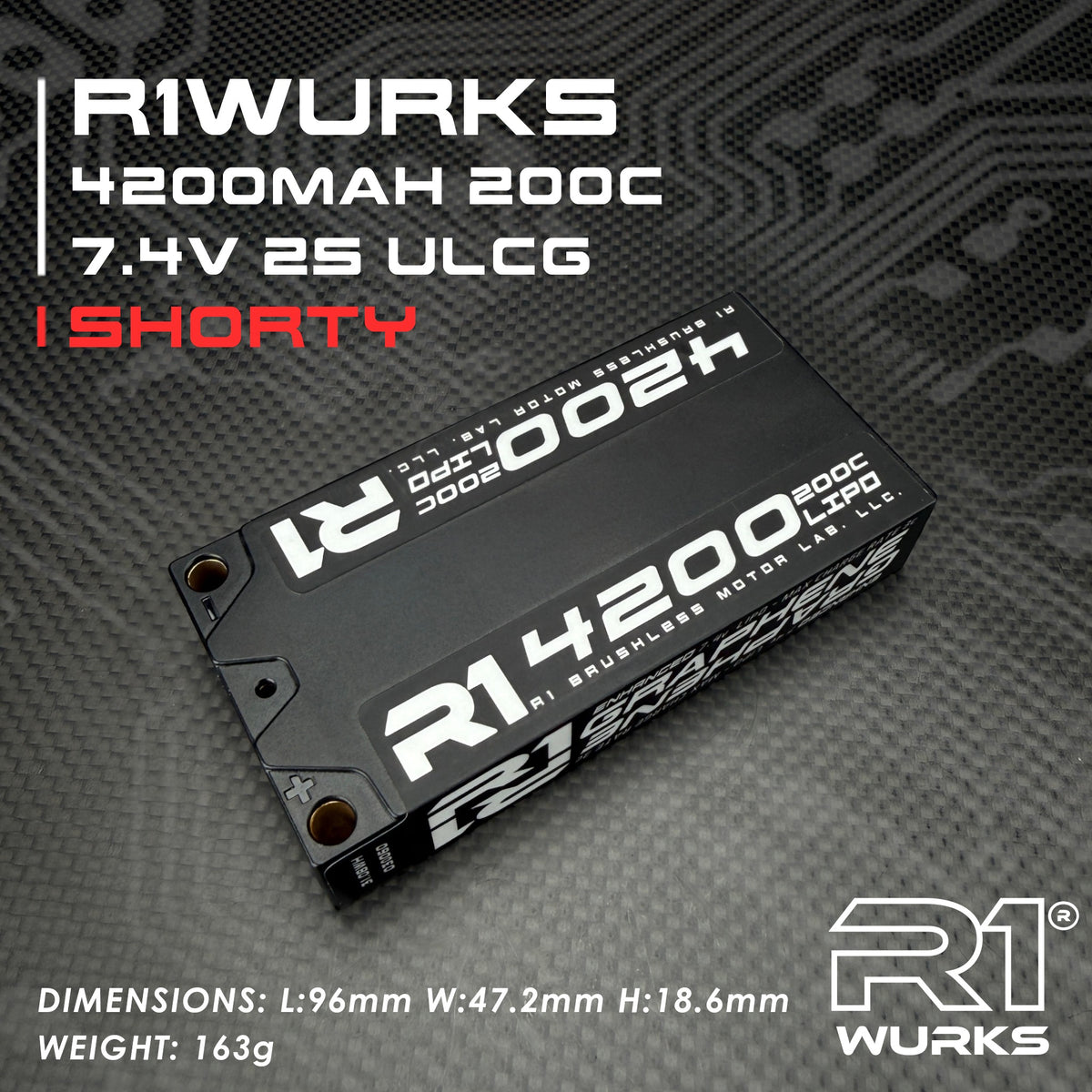 R1W030060 30060 Silicon Graphene 2S ULCG Shorty LiPo Battery w/ 5mm Bullets, 7.4V 4200mAh 200C