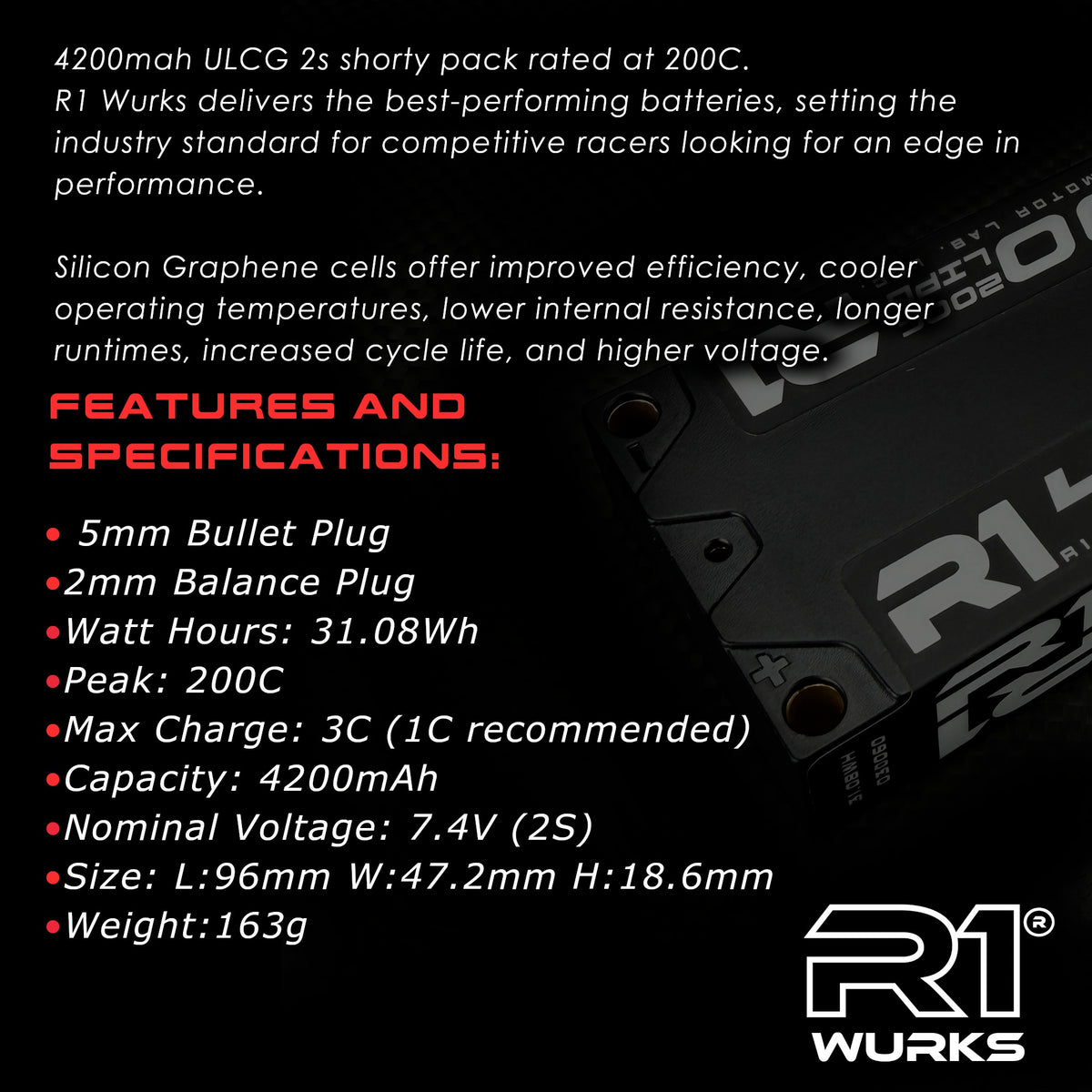 Silicon Graphene 2S ULCG Shorty LiPo Battery w/ 5mm Bullets, 7.4V 4200mAh 200C
