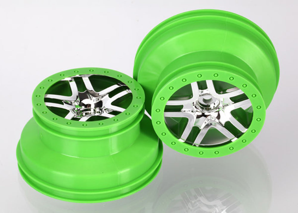 TRA6872X 6872X SCT SS Beadlock Style Wheels, Satin Chrome/Green