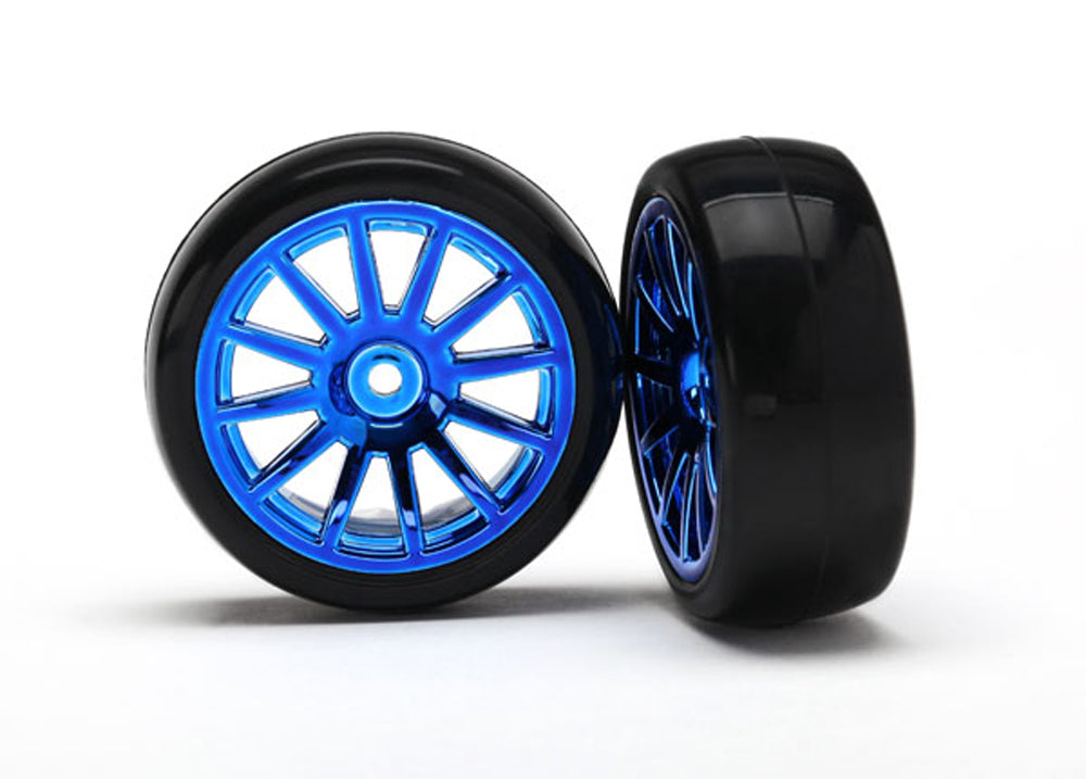 TRA7573R 7573R LaTrax Slick Tires, 12-Spoke Wheels, Blue Chrome