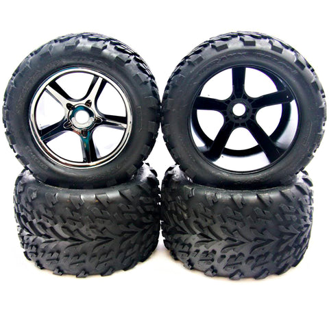 Traxxas 1/10 E-Revo Brushless Gemini Black Chrome Wheels & Talon Tires, 17mm Splined Hex