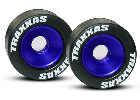 Traxxas 5186A Aluminum Wheelie Bar Wheels, Rubber Tires, Blue