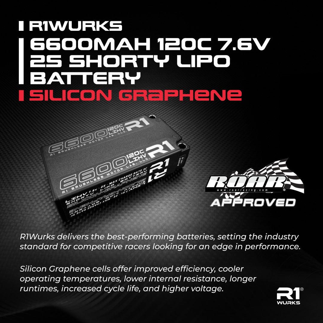 R1W030042 30042 Silicon Graphene 2S Shorty LiPo Battery w/ 5mm Bullets, ROAR, 7.6V 6600mAh 120C