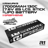 R1W030051 30051 Graphene 2S LCG Stick LiPo Battery w/ 5mm Bullets, ROAR, 7.6V 7000mAh 130C