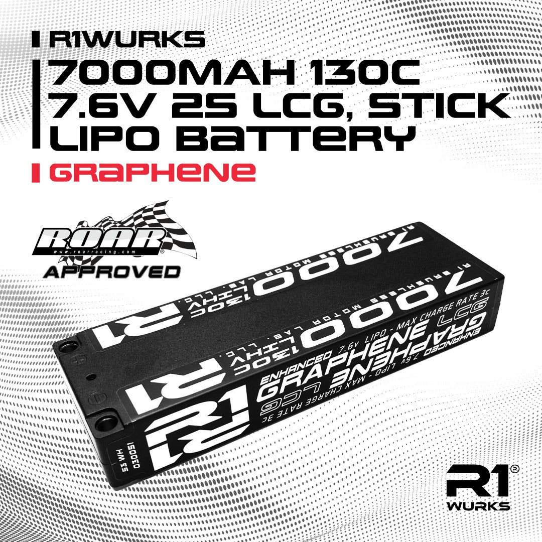 R1W030051 30051 Graphene 2S LCG Stick LiPo Battery w/ 5mm Bullets, ROAR, 7.6V 7000mAh 130C