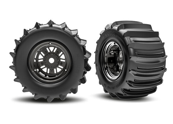 TRA10973-BLKC 10973-BLKC Pro Scale Sand Car Pre-Glued Rear Paddle Tires (2), Blk/Chr