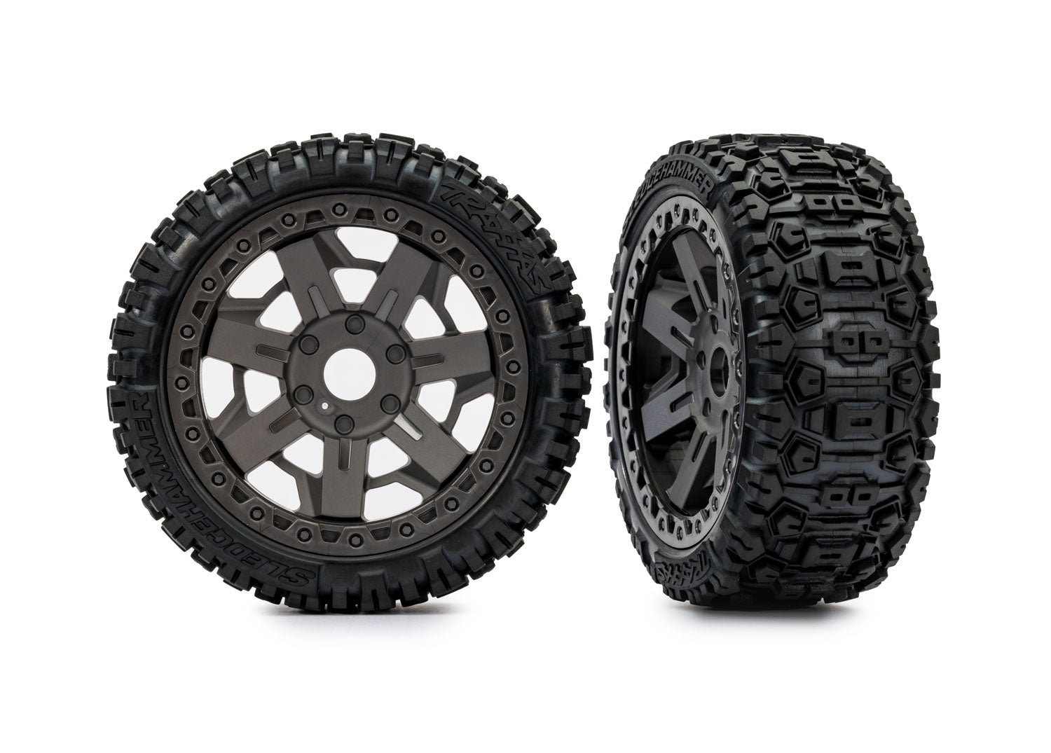 TRA9073 9073 Sledgehammer Pre-Glued Tires on T&W 3.0 Gray Wheels (2)