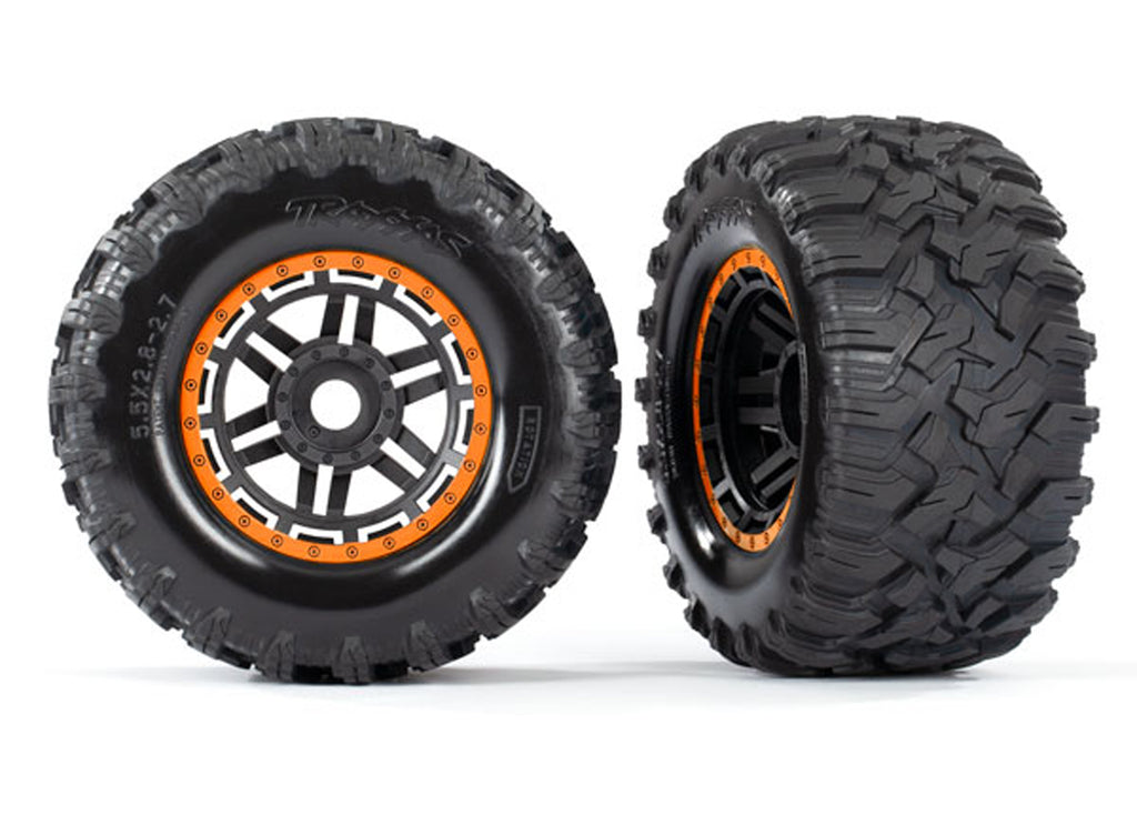 TRA8972T 8972T Maxx MT Tires, Black/Orange Beadlock Style Wheels